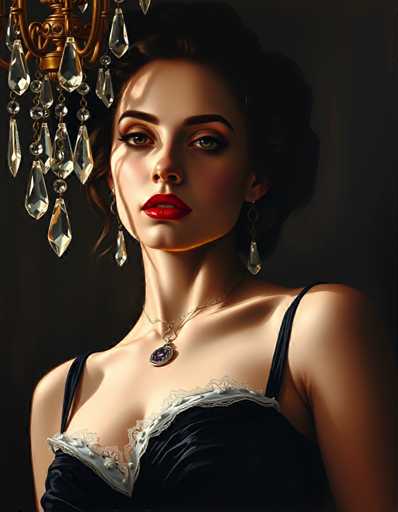 A woman with long brown hair is wearing a black dress and red lipstick. She has her arms crossed over her chest and is looking directly at the camera. The background features a chandelier made of clear crystal beads hanging from the ceiling.