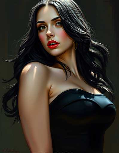 The image depicts a woman with long dark hair wearing a black dress and red lipstick. She is looking off to the side, giving the impression of being lost in thought or daydreaming. The background is a dark green color that contrasts with her attire, making her stand out even more.