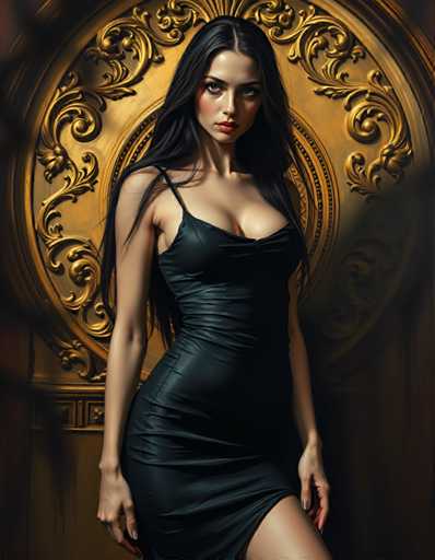A woman is standing against a gold and black ornate wall with a circular design on it. She is wearing a black dress that falls just below her knees. The background of the image is dark, which contrasts with the light skin tone of the woman's face.
