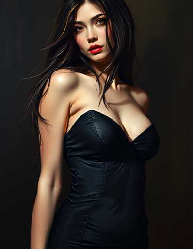 A woman with long dark hair is standing against a black background and wearing a strapless dress that falls just below her shoulders.
