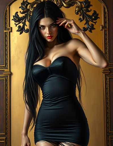 A woman with long dark hair is standing against a gold wall adorned with black leaves and flowers. She is wearing a black strapless dress that falls just below her shoulders. The woman's left hand is raised to her face while the right hand rests on her hip.