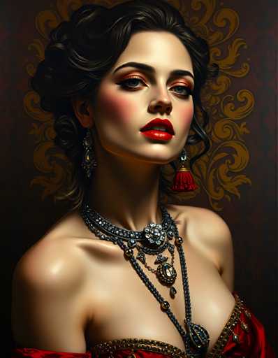 A woman with long dark hair is the central figure in this digital illustration. She is wearing a red dress and has her hair styled in an updo. The background features a rich brown color with gold accents, creating a luxurious and opulent atmosphere. The woman's face is lit up with a bright smile, adding to the overall charm of the image.