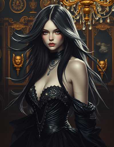 The image depicts a woman with long dark hair wearing a black dress and necklace. She is standing against a backdrop of gold and white decorations, including a chandelier hanging from the ceiling. The woman's gaze is directed towards the camera, creating an engaging visual narrative.