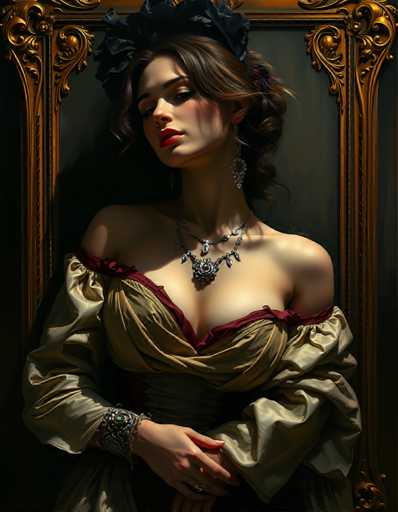 A woman with long brown hair is standing against a dark green wall and wearing a gold dress that has a deep red neckline. She is also wearing a black headband on her head. The background features an ornate gold frame with intricate designs.