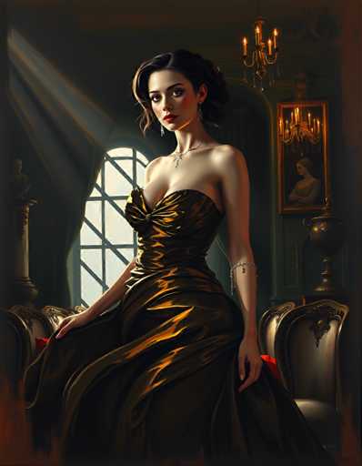 A woman is seated on a chair in front of a window with a portrait hanging above her head. She is wearing an elegant gold dress and has red hair that falls over her shoulders. The room appears to be dimly lit, creating a moody atmosphere.