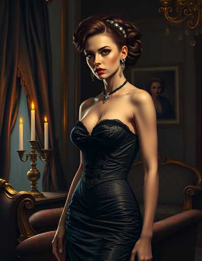 A woman is standing in front of a mirror with her back turned towards the camera. She is wearing a black dress and has her hair styled in an elegant updo. The room around her features gold accents, including a chandelier hanging from the ceiling and a painting on the wall behind her.