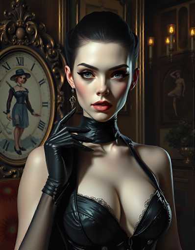 The image depicts a woman with striking red lips and black gloves posing elegantly against the backdrop of a room filled with gold accents. The woman is positioned centrally within the frame, drawing attention to her striking features. In the background, there are two paintings - one depicting a woman in a hat and another featuring a woman with a mannequin head.