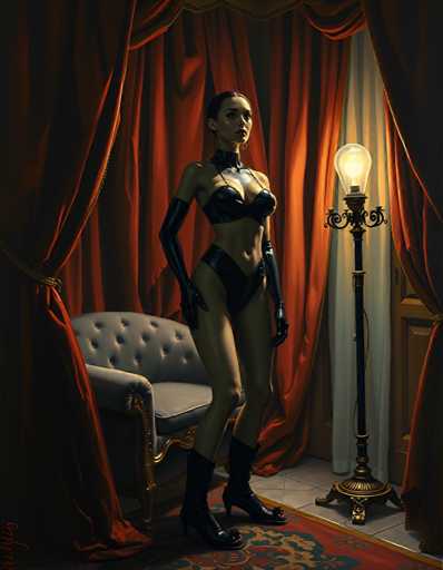 A woman stands in front of a red curtain and a lamp with a gold base, wearing black leather lingerie and boots.