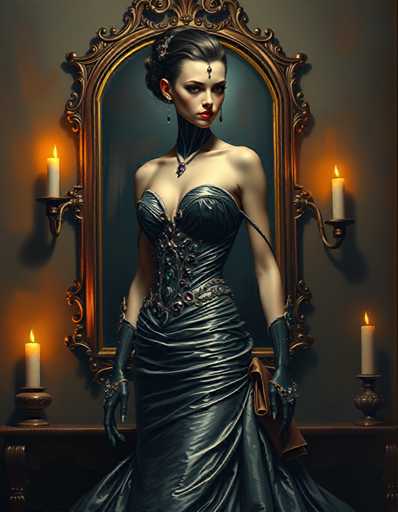 A woman stands in front of a mirror with her back turned towards the camera. She is wearing a long black dress and has a necklace around her neck. The room features a gold-framed mirror on the wall behind her, which reflects the warm glow of three candles placed to her right.