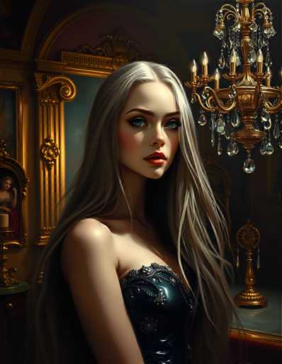 A woman with long blonde hair is standing in front of a large gold chandelier and a painting on the wall behind her. The painting depicts a man wearing a red hat and holding a sword.