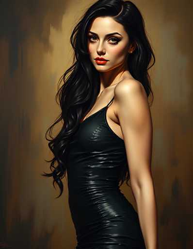 The image shows a woman with long dark hair wearing a black dress and red lipstick. She is standing against a brown wall backdrop that has a textured finish. The woman's pose suggests she is posing for the photo.
