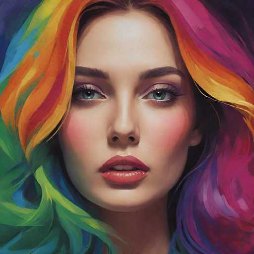 The image depicts a woman with long, vibrant hair that is painted in the colors of a rainbow - red, orange, yellow, green, blue, and purple. The woman's face is prominently featured, and she has striking green eyes. The background is a solid color, providing a stark contrast to the colorful foreground.