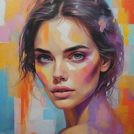 The image depicts an abstract painting featuring a woman with long dark hair and striking blue eyes. The background is a vibrant mix of orange, yellow, pink, and purple colors, creating a sense of depth and complexity in the artwork. The artist's style can be described as impressionistic, characterized by loose brushstrokes that emphasize the overall mood rather than focusing on minute details.
The painting does not contain any discernible text or countable objects, making it an abstract representation of the woman's face.