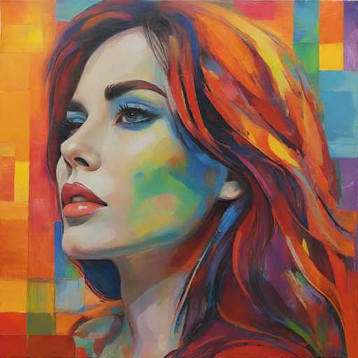The image depicts an oil painting of a woman with vibrant red hair and striking blue eyes. The background is a riot of colors, including shades of orange, yellow, green, purple, and pink. The artist's signature "M" can be seen in the bottom right corner.