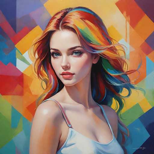 The image depicts a young woman with long red hair styled in loose waves and wearing a white tank top. The background is a vibrant display of colors, including shades of blue, yellow, pink, green, and orange. The painting style is realistic, capturing the subject's features and the surrounding environment with precision and detail.