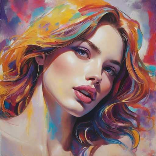 The image depicts an oil painting of a woman with long, vibrant red hair and striking blue eyes. The artist has used a variety of colors including yellow, orange, pink, purple, and green to create the portrait. The style is realistic, capturing the intricate details of the subject's features and expression.