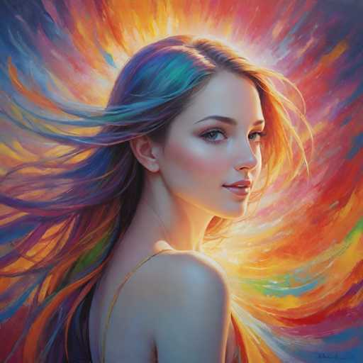 The image depicts a young woman with long hair and blue eyes looking off to the side. She is wearing a yellow dress that contrasts with her dark hair. The background features a vibrant display of colors, including shades of orange, pink, green, and purple, creating an abstract pattern that surrounds the woman's figure.