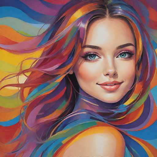 The image depicts a woman with long, vibrant hair that is styled in an abstract and colorful manner. The colors of her hair include shades of blue, purple, orange, green, and pink. She has a radiant smile on her face as she gazes directly at the camera.