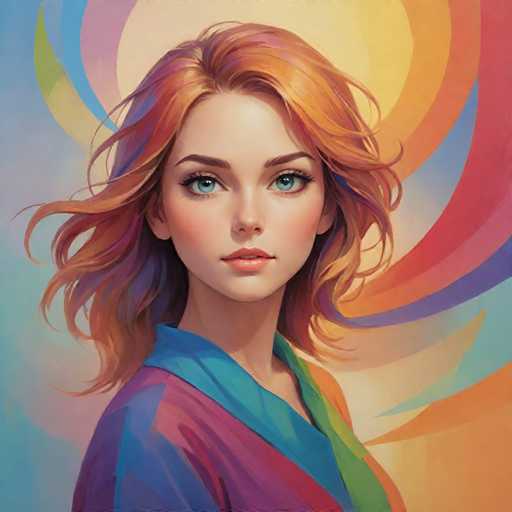 The image depicts a young woman with red hair wearing a blue and green dress against an abstract background of colorful swirls and lines. The woman's gaze is directed towards the viewer, creating a sense of connection between the artist and the audience.