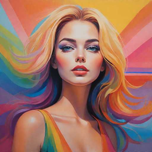 The image depicts a woman with blonde hair and blue eyes wearing an orange dress against a vibrant background of rainbow colors. The painting is executed in the impressionist style, characterized by loose brushstrokes that capture the essence of light and color rather than focusing on minute details.