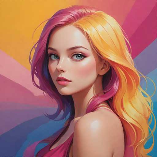 The image depicts a young woman with long blonde hair and striking blue eyes. She is wearing a pink dress that contrasts with her vibrant hair color. The background features a gradient of colors transitioning from purple to yellow, creating an abstract pattern that adds depth to the scene.