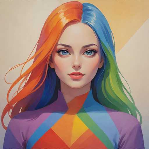The image depicts a young woman with vibrant hair colors - red and orange at the top of her head and blue at the bottom. She is wearing a colorful outfit that includes a purple shirt and a rainbow-colored skirt. The background features a geometric pattern in shades of yellow and white, which complements the woman's colorful attire.