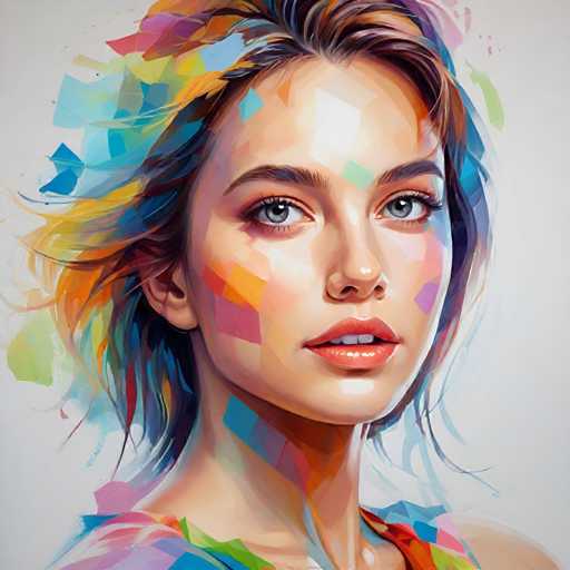 The image depicts a woman with long brown hair and striking blue eyes wearing an orange top against a white background. The painting is done in a vibrant style using bright colors and abstract shapes to create a sense of movement and energy.