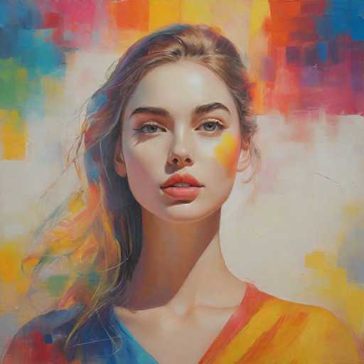The image depicts an artist's portrait of a woman with long blonde hair and striking blue eyes. The painting is done in the impressionist style, characterized by loose brushstrokes that capture the essence of light and color rather than focusing on minute details. The background features a vibrant display of colors, including shades of pink, yellow, orange, green, and blue, creating an abstract backdrop for the portrait.