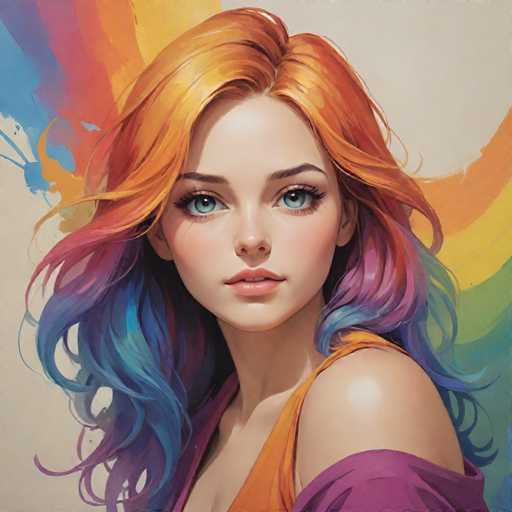 The image depicts an orange-haired woman with blue eyes and a purple top. She is looking directly at the camera, creating a sense of connection between her and the viewer. The background features a rainbow in various colors, adding to the vibrant and colorful nature of the scene.