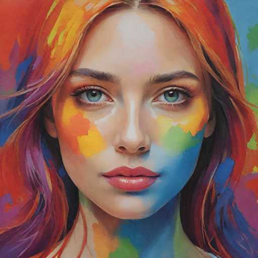 The image depicts an artist's face painted with a vibrant and colorful palette of colors, including shades of red, orange, yellow, green, blue, purple, pink, and white. The painting style is abstract, with the use of bold brushstrokes and a focus on color rather than realistic representation.