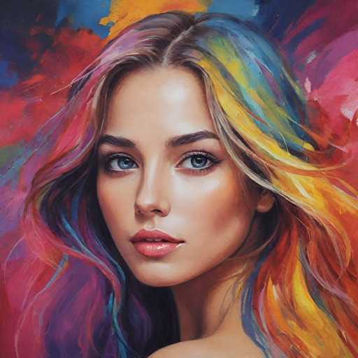The image depicts a woman with long, vibrant hair painted in various colors including pink, blue, yellow, and orange. The painting is done in an impressionistic style, characterized by loose brushstrokes that capture the essence of the subject rather than focusing on minute details.