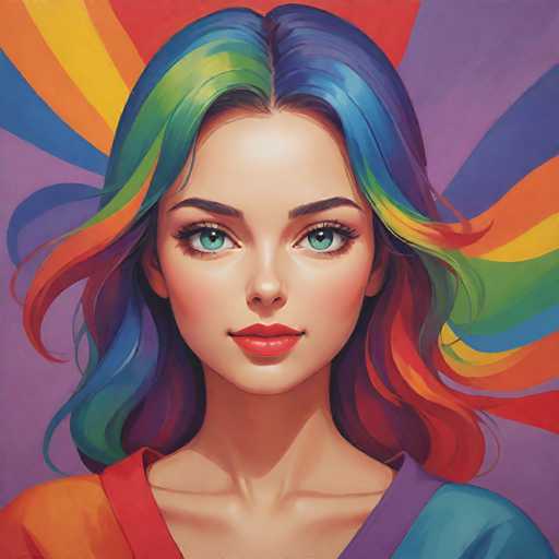 The image depicts a young woman with long, vibrant hair that is painted in the colors of a rainbow - red, orange, yellow, green, blue, and purple. The woman's face features striking green eyes and a bright smile. She is wearing a colorful top that complements her hair color.