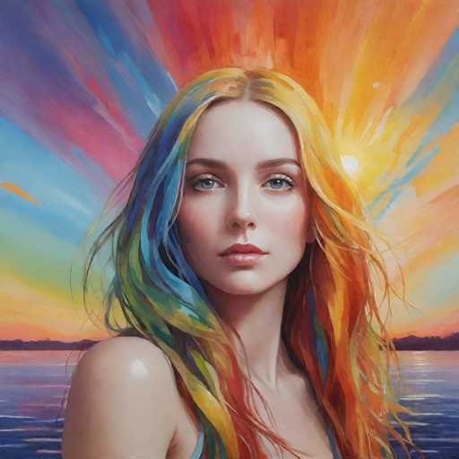 The image depicts a woman with long, vibrant hair that is painted in rainbow colors of red, orange, yellow, green, blue, and purple. The background features an abstract painting style with a gradient of colors resembling the sun setting over water.