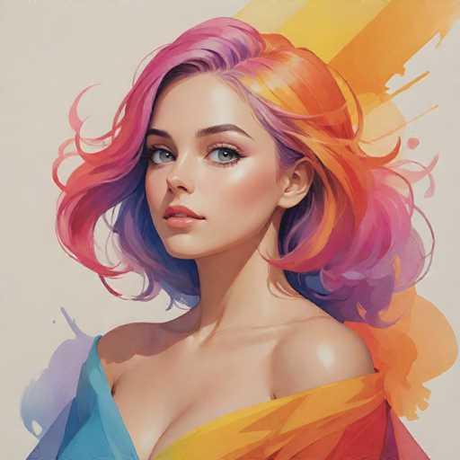 The image depicts a young woman with vibrant pink and orange hair styled in loose curls. She is wearing a colorful dress that contrasts with the white background of the painting. The artist's signature can be seen at the bottom right corner of the artwork.