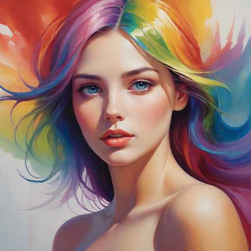 The image depicts a young woman with long, vibrant hair that is painted in the colors of a rainbow - red, orange, yellow, green, blue, and purple. The woman's face is turned towards the camera, creating an engaging portrait-like quality to her appearance.