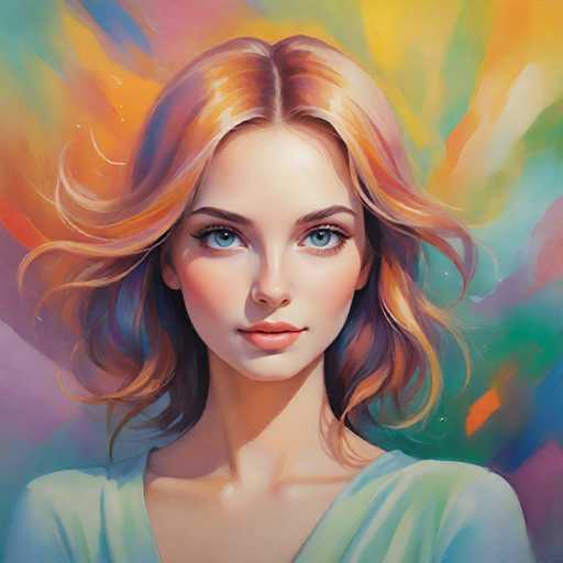 The image depicts a young woman with long blonde hair wearing a green shirt and blue eyes looking directly at the camera. The background is a vibrant mix of colors including orange, yellow, pink, and purple.