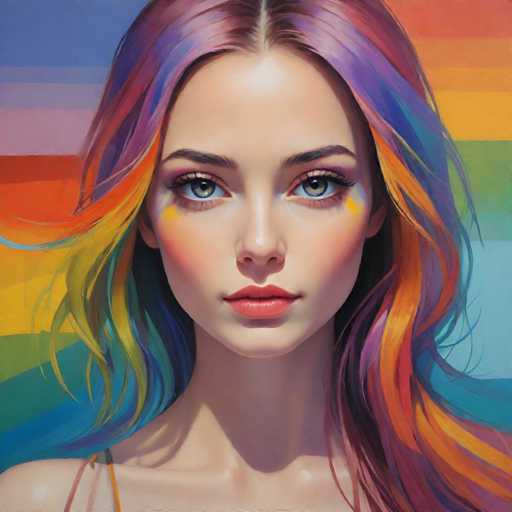 The image depicts a young woman with long, vibrant hair painted in rainbow colors of red, orange, yellow, green, blue, and purple. The background features a gradient of colors that transitions from blue at the top to orange at the bottom.