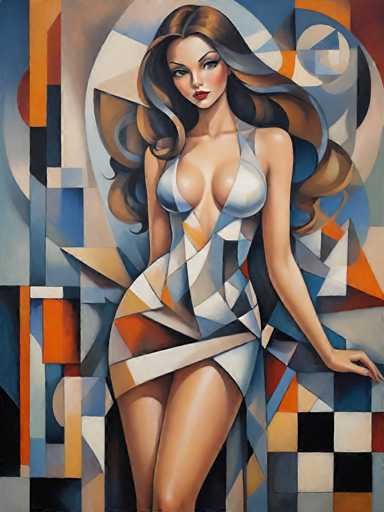 The image depicts an abstract painting featuring a woman with long brown hair and a white dress. The background is a geometric pattern of blue, orange, and black shapes arranged in a circular formation.