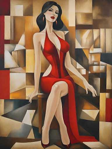 The image depicts an abstract painting featuring a woman wearing a red dress and sitting on a chair with her legs crossed. The background is a mosaic of geometric shapes in shades of brown and beige, creating a sense of depth and complexity to the scene.