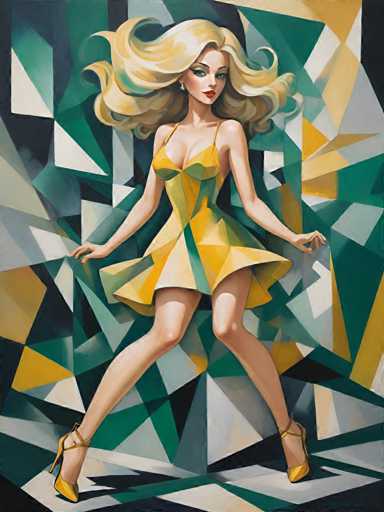 The image depicts an abstract painting featuring a woman with blonde hair and yellow dress standing on a geometric patterned floor. The background is a mix of green and white shapes that create a sense of depth and complexity.