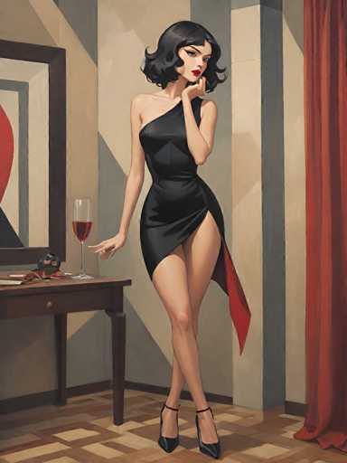 A woman with long dark hair is standing on a wooden floor and holding a glass of red wine. She is wearing a black dress that has a red skirt and high heels. The room features a painting hanging on the wall behind her, which appears to be a portrait of a woman.