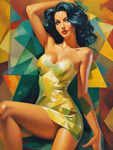 The image depicts a woman with blue hair wearing a yellow dress and posing on a green chair against an abstract background of geometric shapes in shades of orange, green, and red.