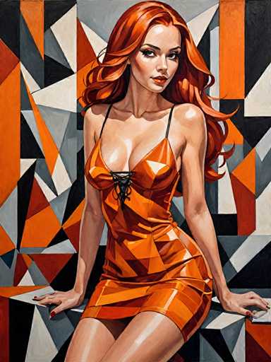 The image depicts an orange-haired woman wearing a tight dress with a black strap and posing on a white platform against a geometric patterned background of red, black, and white triangles.
