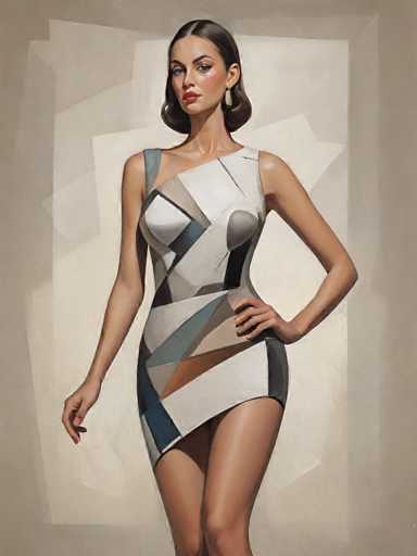 A woman is standing against a beige background with her left hand on her hip and her right hand resting on her thigh. She is wearing a dress that features geometric patterns in shades of gray, white, and brown.