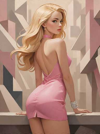 The image depicts a woman with blonde hair wearing a pink dress and standing on a balcony overlooking a cityscape. The background features a blend of pink and gray colors, creating an urban atmosphere.