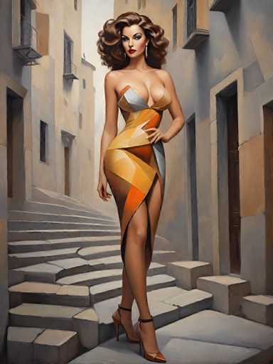 A woman is walking down a staircase in an old city, wearing a colorful dress and high heels. The painting has a realistic style with a focus on the details of the scene, including the woman's pose and the architecture of the buildings around her.