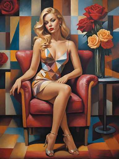 A woman is seated on a red chair with her legs crossed and wearing an orange dress adorned with geometric patterns. A vase of flowers sits next to the chair, and a gray wall serves as the backdrop for the scene.