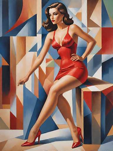 The image depicts a woman wearing a red dress and high heels sitting on a blue and orange geometric patterned platform. The background features an abstract painting with various shapes and colors.