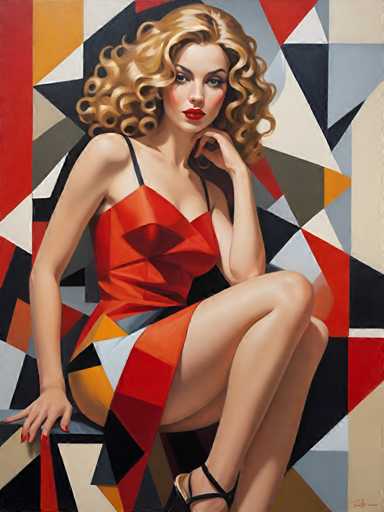 The image depicts a woman with blonde hair wearing an orange dress and black heels. She is seated on a chair against a backdrop of geometric shapes painted in shades of red, white, and gray. The painting style is abstract, characterized by bold lines and shapes that create a sense of movement and dynamism.
