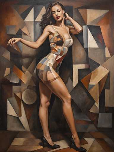 A woman is standing against an abstract background featuring geometric shapes and lines in shades of brown, black, white, and orange. She is wearing a dress with a colorful pattern that includes red, blue, green, and yellow hues. The painting style is realistic, capturing the details of the woman's figure and her surroundings.